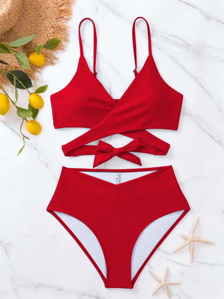 Solid Strapped Bikini Set Push UP Hollow Swimsuit Women Swimwear Biquinis High Waist Backless Bathing Suit