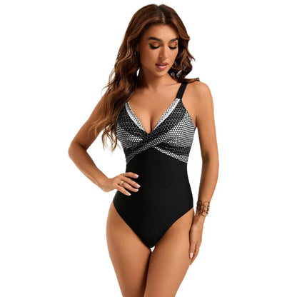 Color Top Dot Design Cross-style Spliced Backless One-piece Swimsuit for Women Bathers