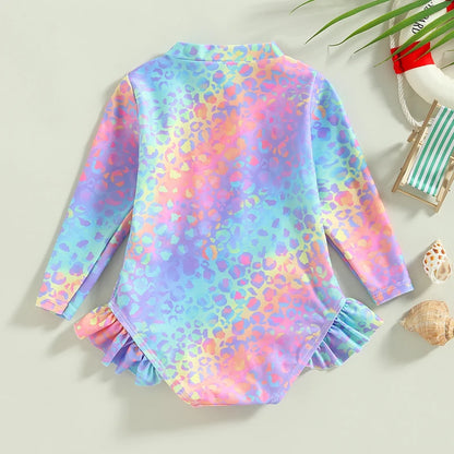 1-6Years Toddler Girls Swimsuits Fish Scale Print Long Sleeve Ruffle Trim Swimwear Summer Beachwear Kids Bathing Suits