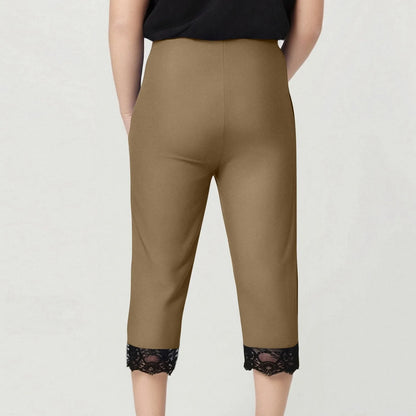 Plus size yoga pants women's fashion large solid color lace splicing bottom pants with elastic waist sports cropped pants