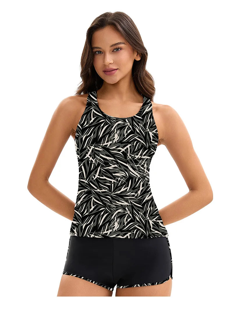 Women's Tankini Swimsuits Tummy Control Ruched Two Piece Bathing Suit Round Neck Sleeveless Swimwear with Shorts
