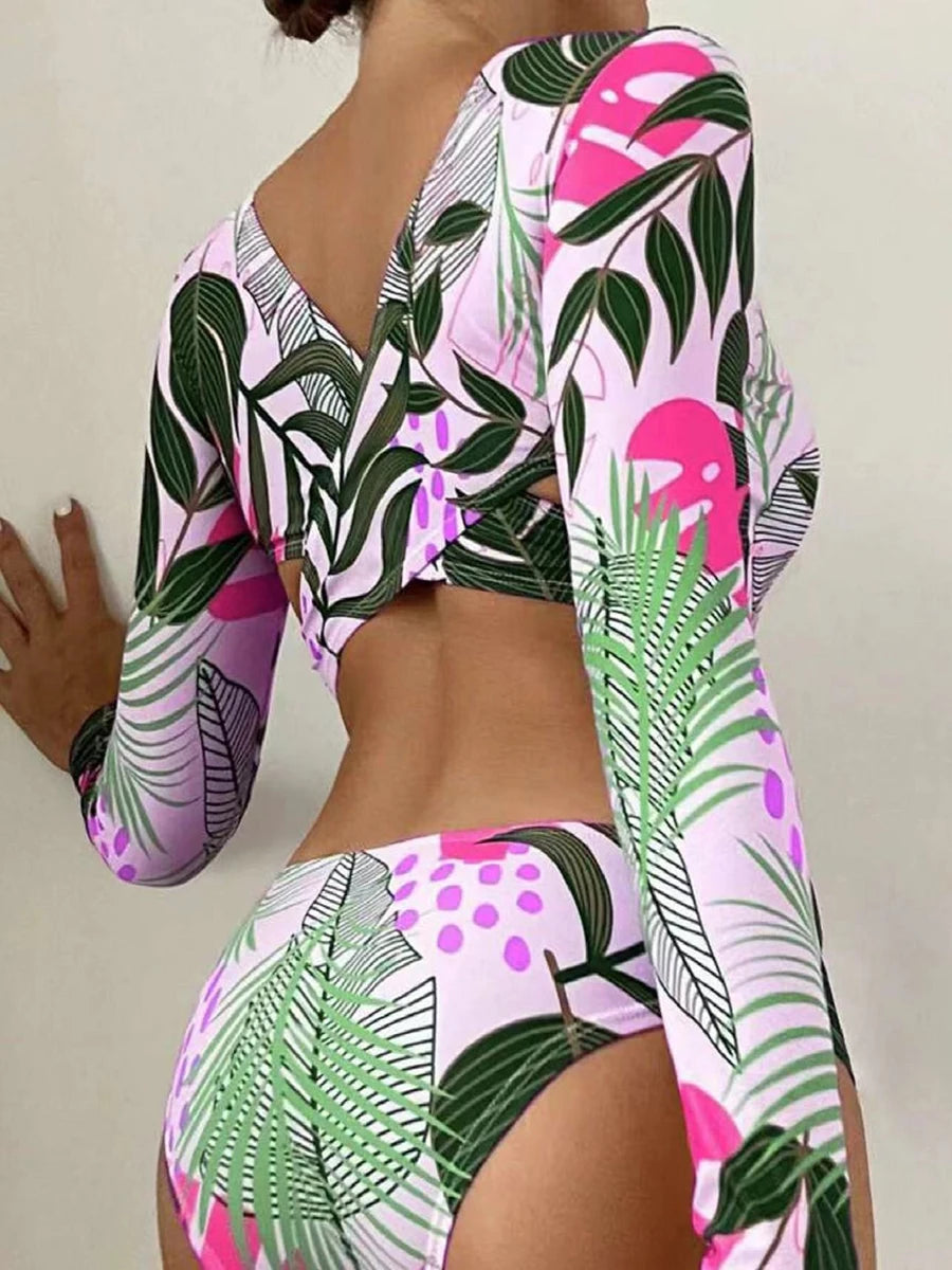 Tropical Leaf Print Long Sleeve Swimsuit One Piece Hollow Out Cross Swimwear Women Bathing Suit Padded Beachwear Swimming Summer