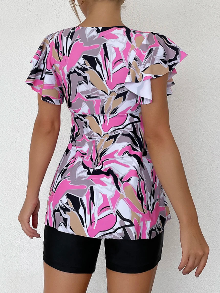 Printed Tankini Set Two Piece Swimsuit Women Tie Front Drawstring Swimwear Female Bathing Swimming Suit Beachwear Summer