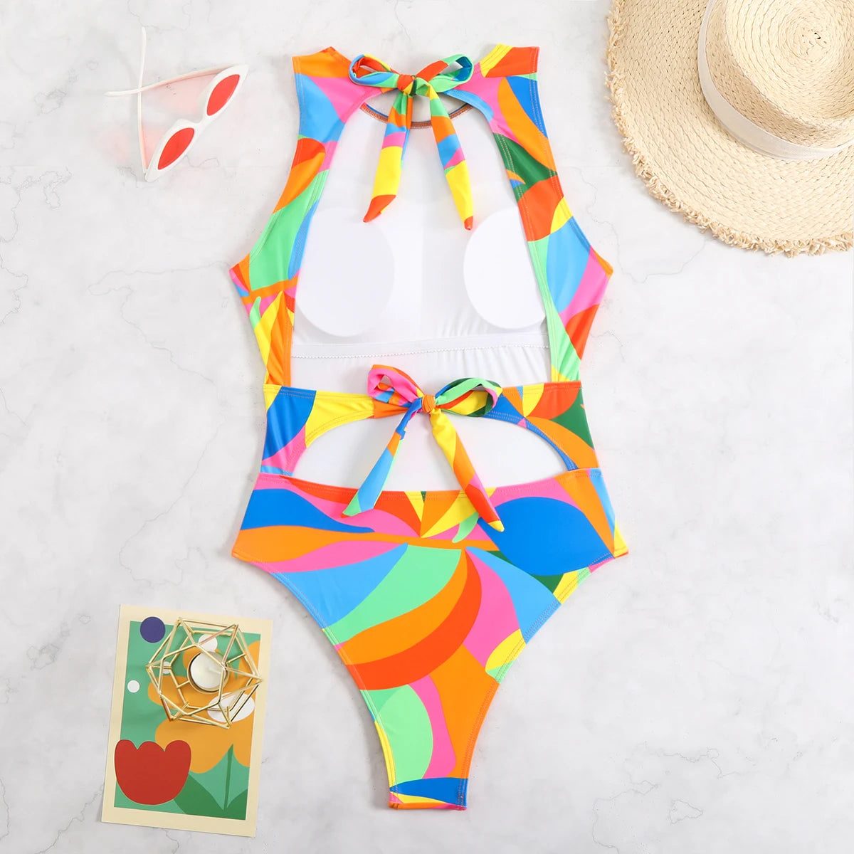Color Block Swimsuit One Piece Backless Printed Swimwear Women Bathers Bathing Swimming Swim Suit Padded Beachwear Summer
