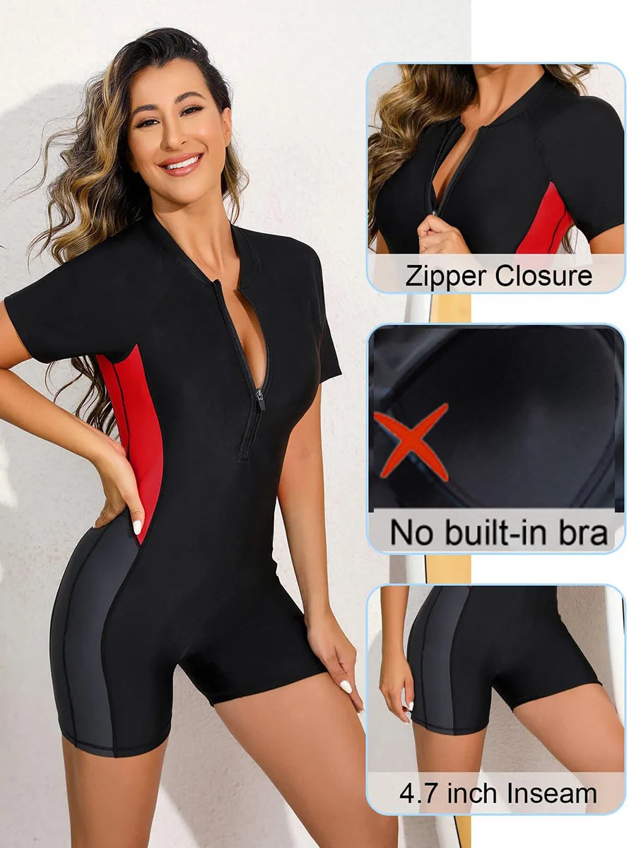 One Piece Quick-Drying Swimwear Sporty Swimsuit Short Sleeve Swimsuit Women Surfing Sun Protection No built-in bra