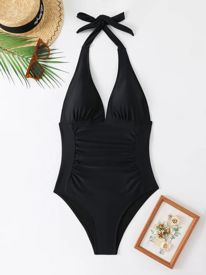 Ruched Halter Swimsuit One Piece Swimwear Women Bathers Bathing Swimming Swim Suit Female Beachwear