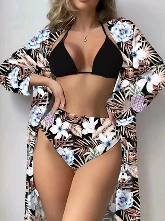 Lace Up Bikinis & Cover Up Long Sleeve Swimwear Women 3-Piece Print Swimsuit Summer Beach Bathing Suit Female Swimming Wear