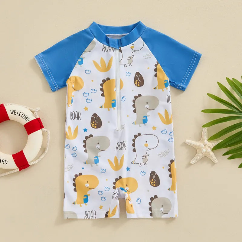 0-36months Toddler Boys Rash Guard Swimwear Cartoon Marine Print Swimsuits For Boys Front Zipper One_piece Bathing Suits