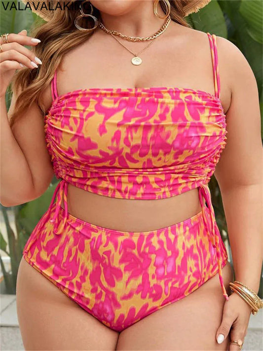 Color Print Two Piece Plus Size Bikini Women Strapped Large Swimsuit High Waist Lady Swimwear Beach Curvy Bathing Suit