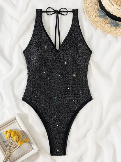 Black Strapped Swimwear Women Push Up One Piece Swimsuit Monokini Cross Backless Beach Bathing Suit