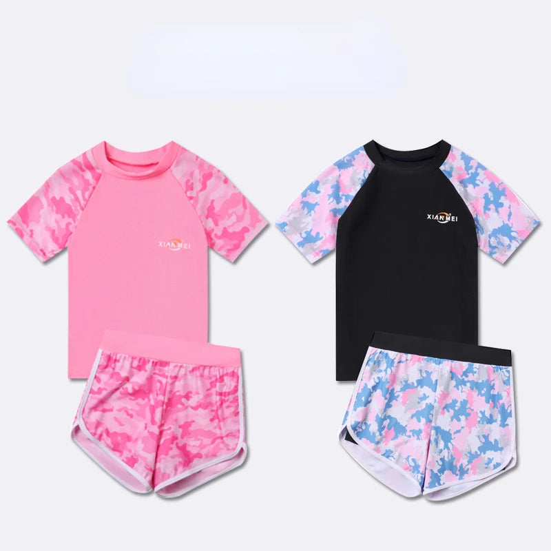 Children's Camouflage Print Swimsuit, Two Pieces Swimsuit, Sports Swimwear, Korean Version, Girls Fashion