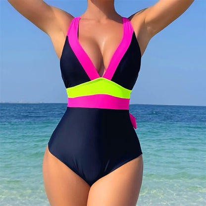 S - XL Splicing V Neck Cross Back Women Swimwear One Piece Swimsuit Female High Cut Leg Padded Bather Bathing Suit Swim