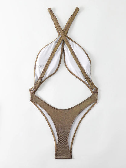 Solid Strapped Swimwear Women Hollow One Piece Swimsuit High Cut Push UP Monokini Cross Beach Bathing Suit