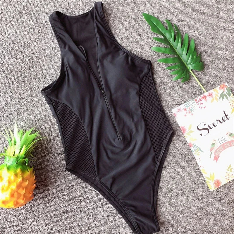 Splicing Fishnet Mesh Zipper Female Swimwear One Piece Swimsuit Women Monokini High Leg Cut Bather Bathing Suit Swim Beach Wear