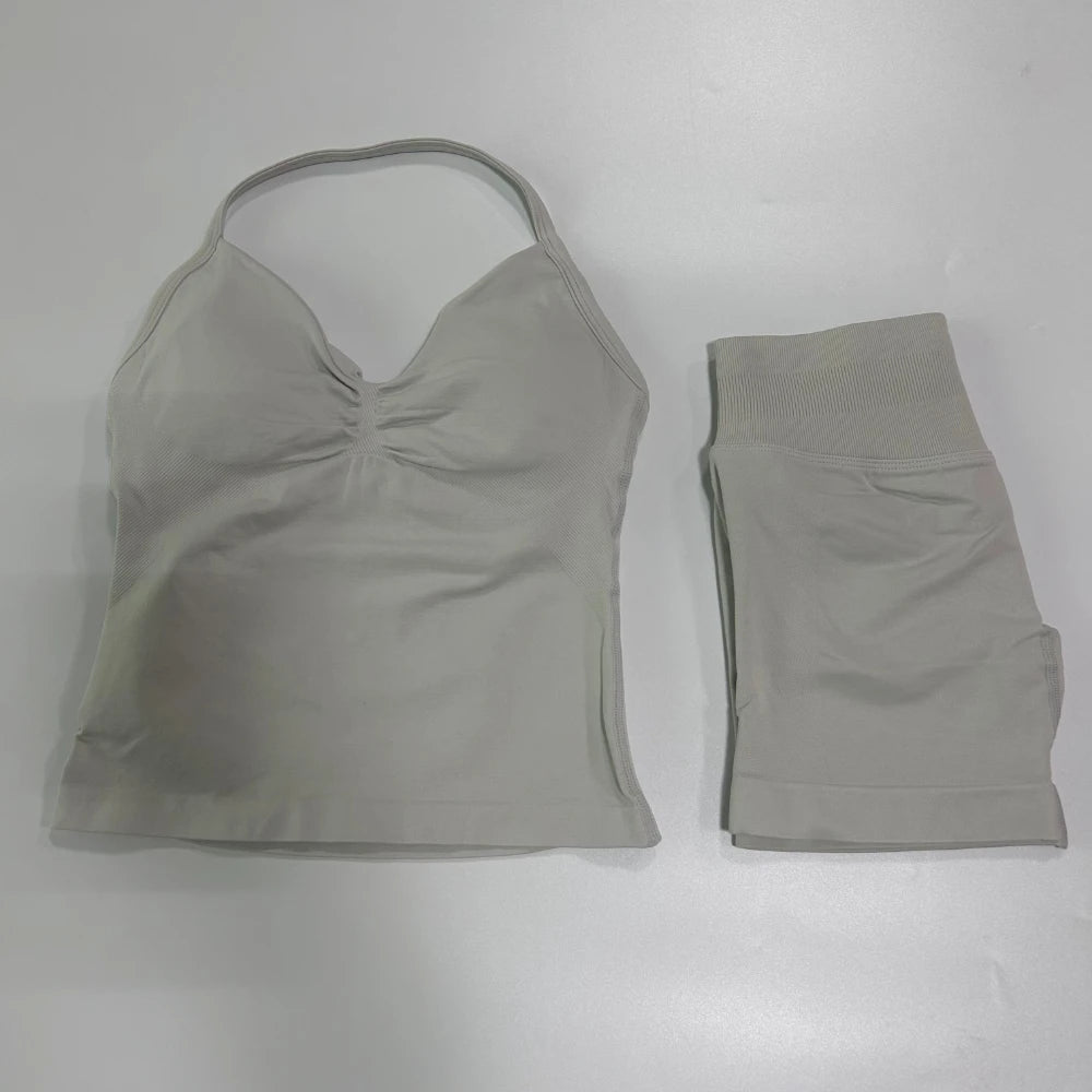 2Pcs Gym Set Women Backless Tank Tops High Waist Scrunch Seamless Shorts Gym Suit Fitness Clothes Activewear Workout Set