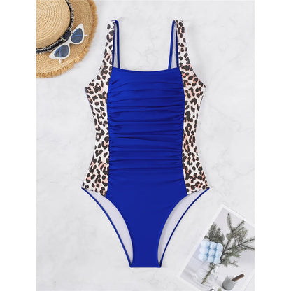 S - XXL 8 Colors Leopard Splicing Women Swimwear One Piece Swimsuit Female Wrinkled High Leg Cut Bather Bathing Suit Swim