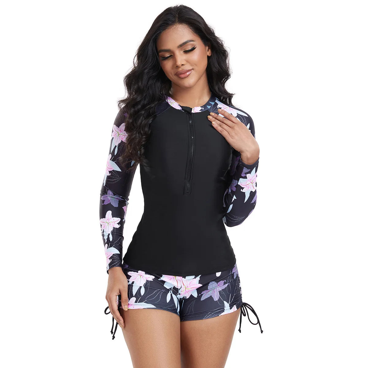 Black Floral Swimwear Women Long Sleeve Front Zipper Slim Shirt High Waist Drawstring Side Pants Surf 2 Piece Swimsuit