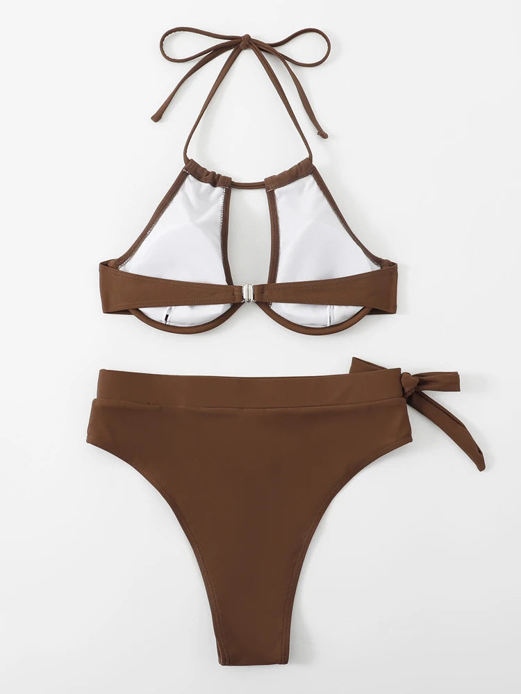 Solid Color Halter Swimwear Women Hollow Push UP Bikini Set High Waist Summer Swimsuit Backless Beach Bathing Suit