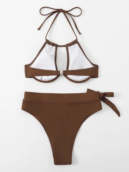 Solid Color Halter Swimwear Women Hollow Push UP Bikini Set High Waist Summer Swimsuit Backless Beach Bathing Suit