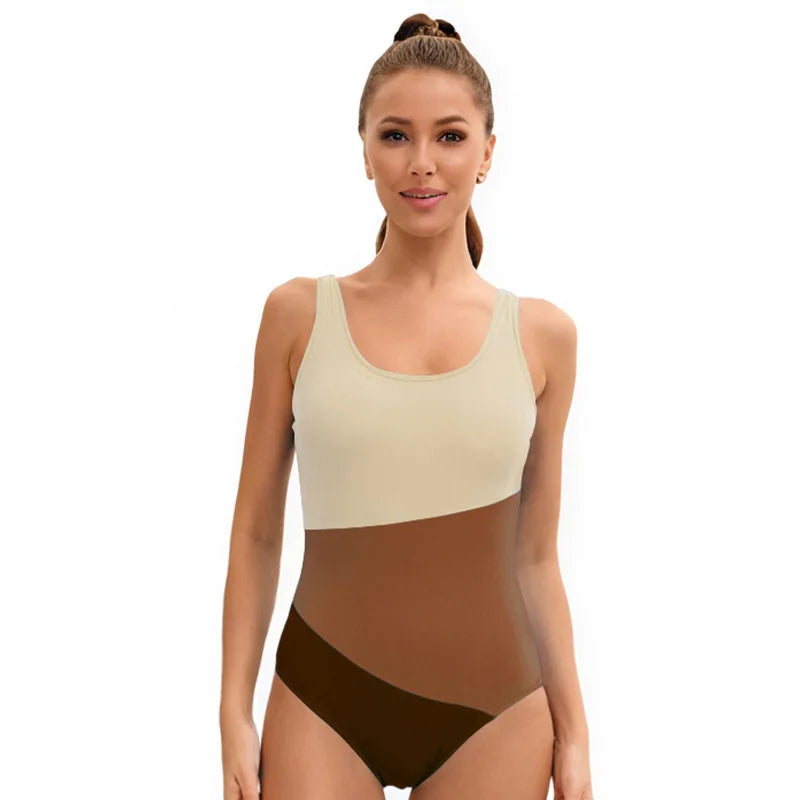 Women's One Piece Swimsuit Tummy Control Bathing Swim Suit Slimming Color Block Scoop Neck Summer Swimwear for Lady