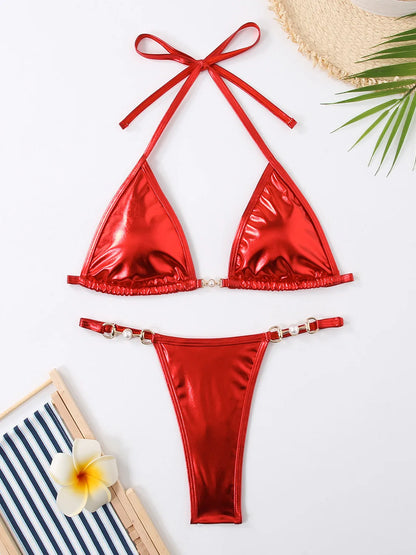 Shiny Pink Micro Bikini Women PU Pearls Push Up Thong Swimsuit Summer Bathing Suit Bandage Holiday Swimwear