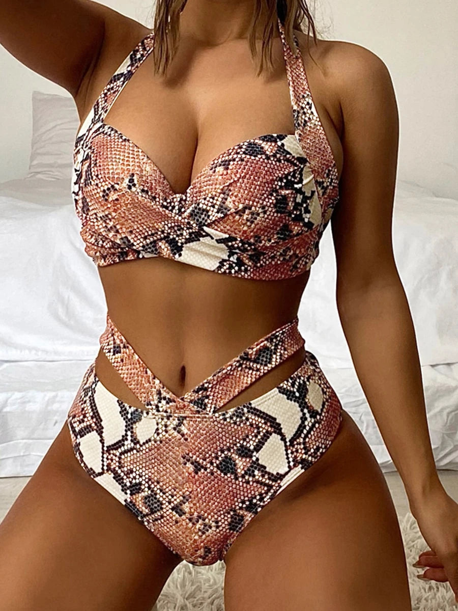 Halter High Waist Bikini Women Tie Dye Swimsuit Push Up Swimwear Female Printed Bathing Suit Lace Up Back Beachwear