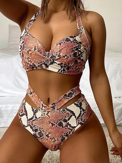 Halter High Waist Bikini Women Tie Dye Swimsuit Push Up Swimwear Female Printed Bathing Suit Lace Up Back Beachwear