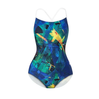 Women Vintage Racing One-piece Swimwear Sun Protection Professional Competition Flower Printed Swimsuit Training Bikini