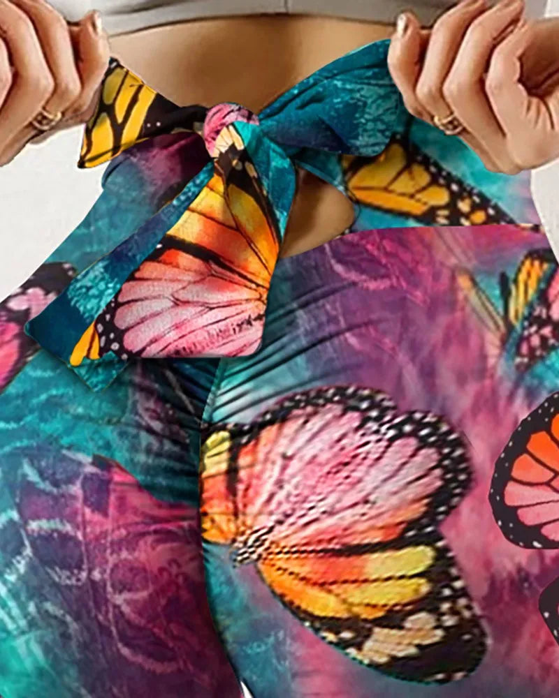 High Waist Bowknot Leggings Butterfly Print Yoga Pants Bandage Tights for Women Push Up Exercise Fitness Workout Legging