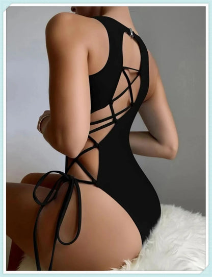 Lace Up Back Swimsuit One Piece Printed Swimwear Women Backless Bathing Swimming Suit Female Padded Beachwear Bodysuit
