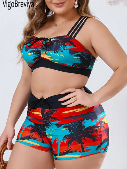 Print Strapped 2 Piece Plus Size Bikini Women High Waist Curvy Swimsuit Brazilian Lady Beach Big Bathing Suit