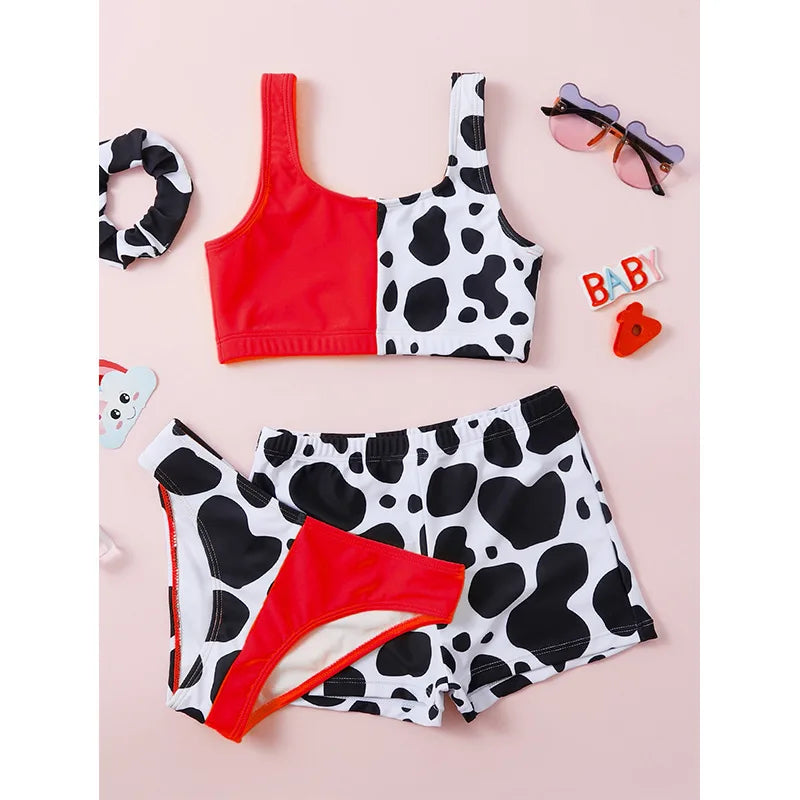 Girls 3 piece Cow Print Bikini with Cover Shorts Swimsuit Kids 7-12 Years Children's Swimwear Colorblock Bathing Suits Teens