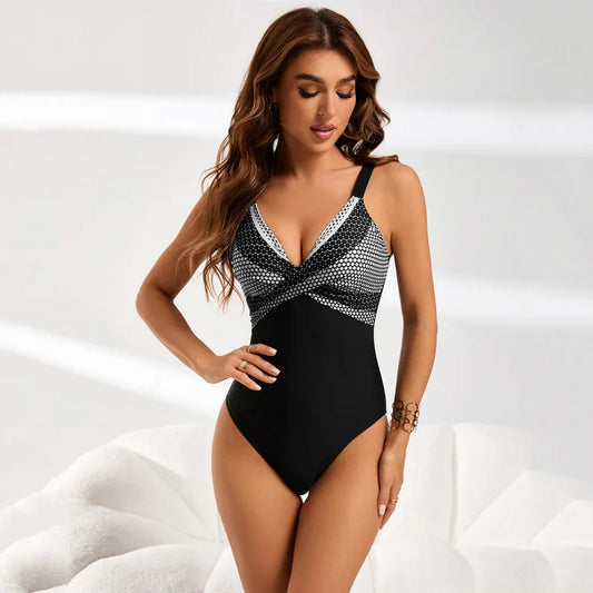 Color Top Dot Design Cross-style Spliced Backless One-piece Swimsuit for Women Bathers