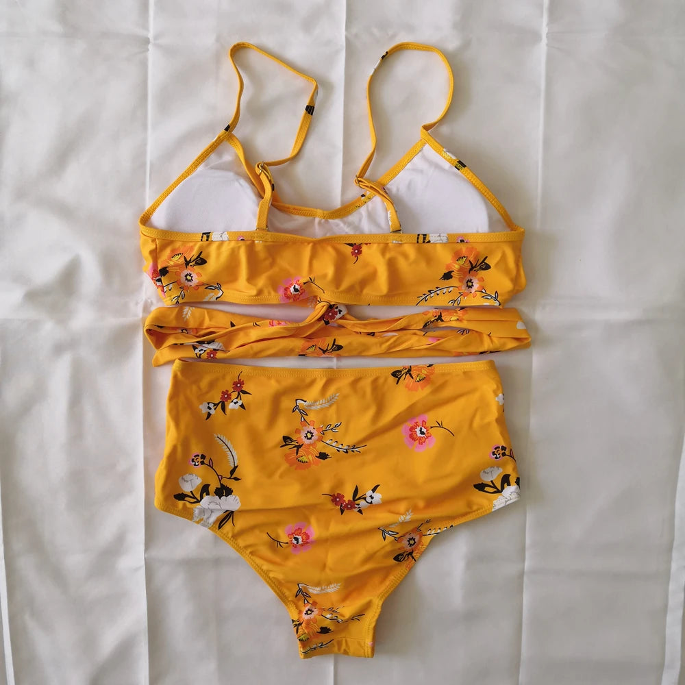 Bikini Two Piece Suit Cross Front Slim High Waisted Bottom Solid/Print Breathable Quick Drying Beachwear