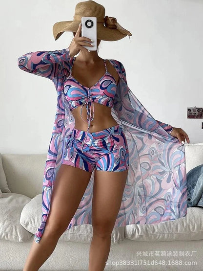 Summer Print Bikinis Swimwear Female Swimsuit Beachwear Push Up Three-Piece Bikini Set Women Swimming Bathing Suit