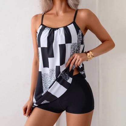 Women's Fashion Tankini Swimwear Color Block Spaghetti Strap Bathing Suits Two Piece Cover Tummy Conservative Tops and Shorts