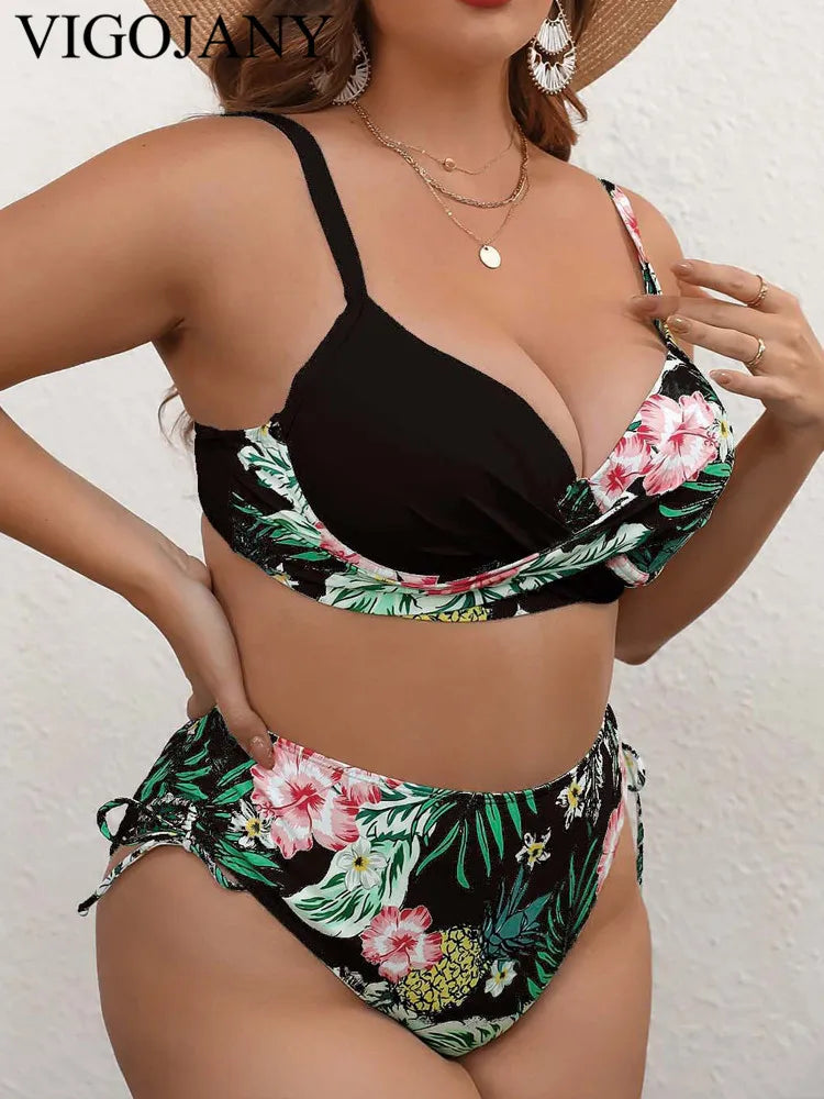 Patchwork Strapped 2 Piece Plus Size Bikini Women High Waist Push UP Swimsuit Backless Beach Bathing Suit