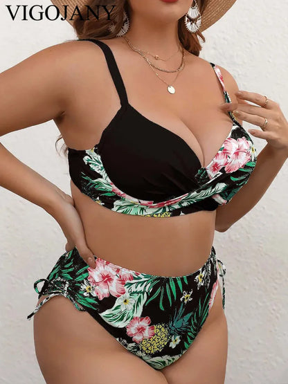 Patchwork Strapped 2 Piece Plus Size Bikini Women High Waist Push UP Swimsuit Backless Beach Bathing Suit