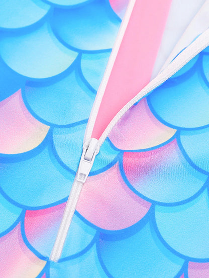 Swimwear Kids Girl Patchwork Pink Long Raglan Sleeve Swimming Suit Kids Scale Print Pattern Swimsuit Bikini Cut Bottom Zipper