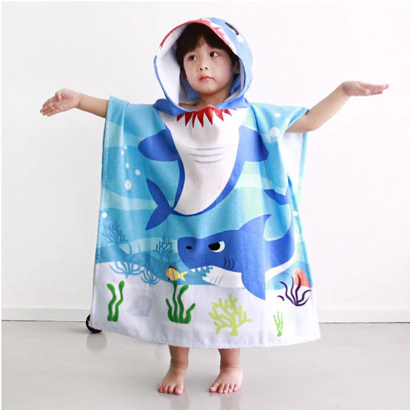60X120cm Cartoon Kids Hooded Bath Beach Poncho Towels Shark Cute Bathrobe Toddler Boys Girls Cloak Child Bathing Stuff Quick Dry