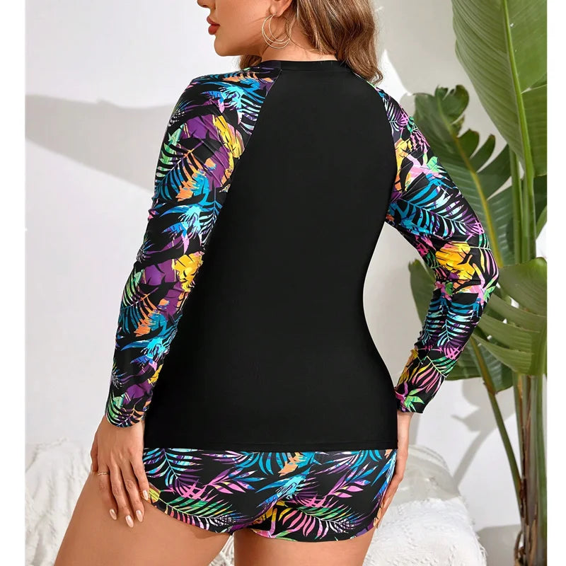 Women's Two Pieces Swimsuit Plus Size Rash Guard Swimwear Sun Protection Surfing Bathing Suits Long Sleeve Swimsuits