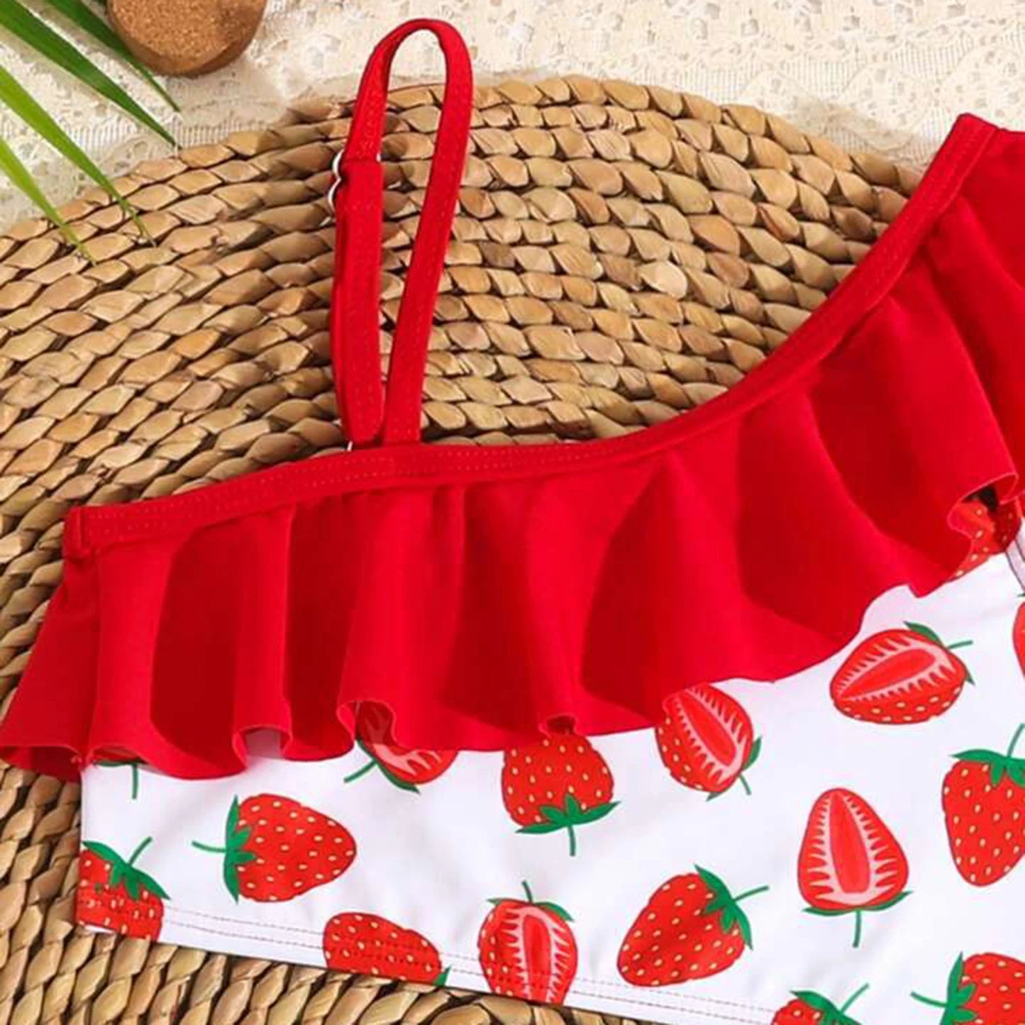 Ruffle Baby Girls Bikini Swimsuit Cute Princess Strawberry Print Beachwear Adjustable Children Bathing Suit