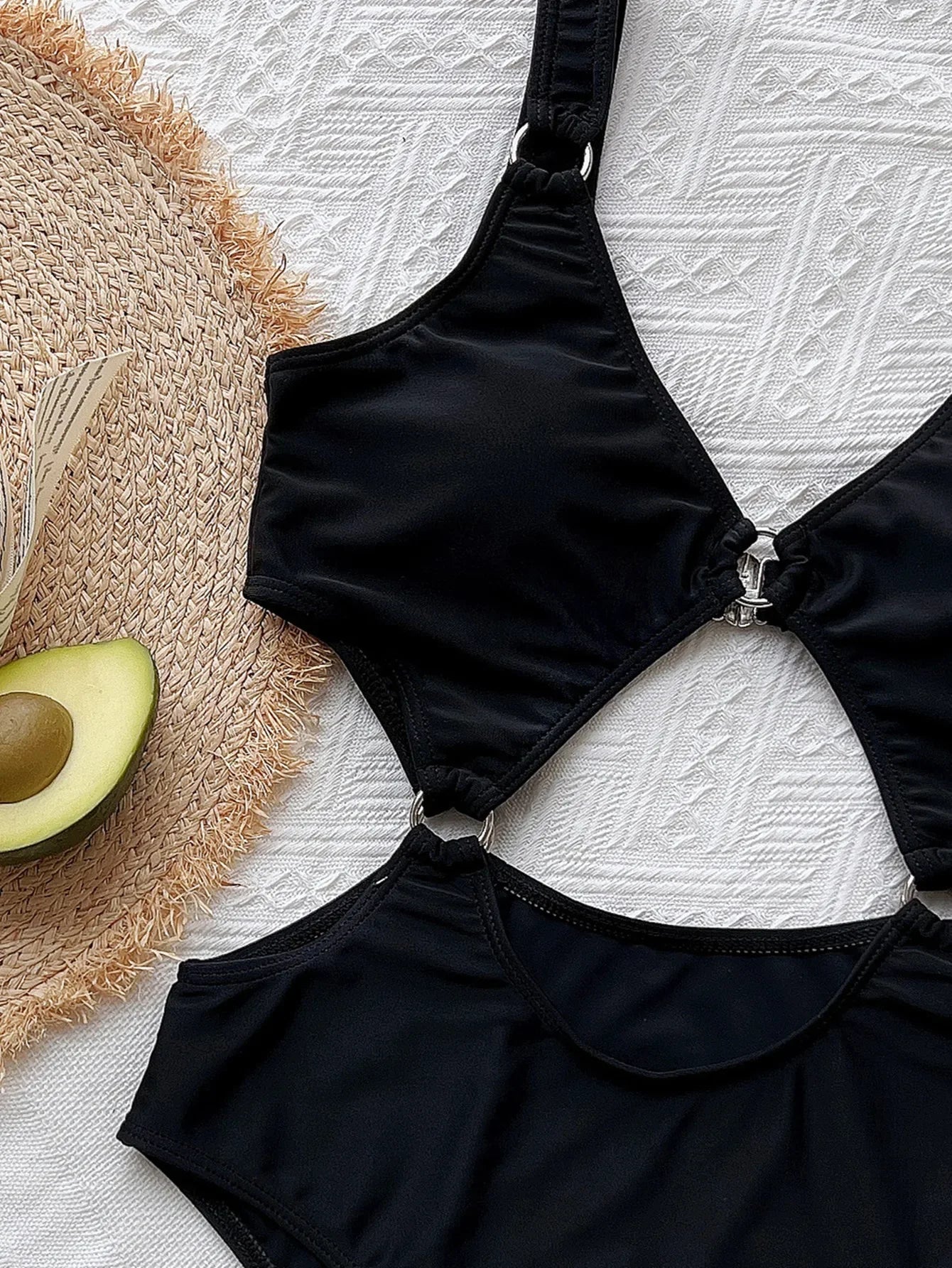 Black One Piece Swimsuit Swimwear Women Hollow High Waist Bathing Suit Beachwear Metal Hoops Decor
