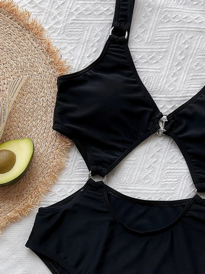 Black One Piece Swimsuit Swimwear Women Hollow High Waist Bathing Suit Beachwear Metal Hoops Decor