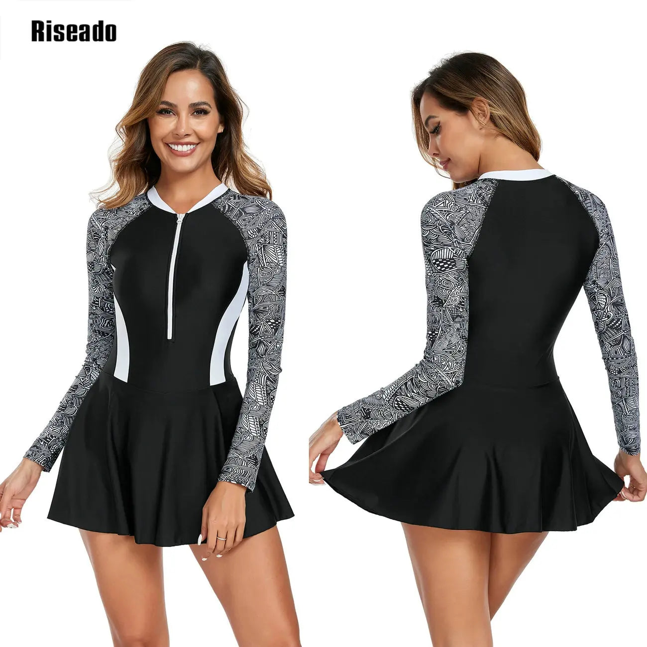 Women's Swim dress with Boy Shorts Rash Guard Long Sleeve Swimsuit Modest Zipper Bathing Suit Swimwear Big Size