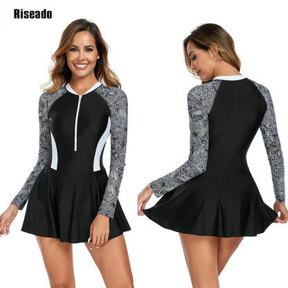 Women's Swim dress with Boy Shorts Rash Guard Long Sleeve Swimsuit Modest Zipper Bathing Suit Swimwear Big Size