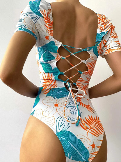 One Piece Swimsuit Women Floral Print Backless Beachwear Drawstring Short Sleeve Beach Bodysuit