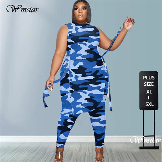Camouflage Plus Size Women Clothing Two Piece Outfits Sleeveless Round Neck Bandage Crop Tops Pants Sets