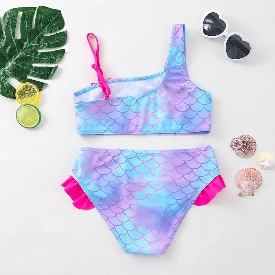 2-10Years New Fashion Kids Fish Scale Bikini Set Lovely Two Pieces Child Swimwear Cute Girl Flouncing Swimsuit Summer Beachwear