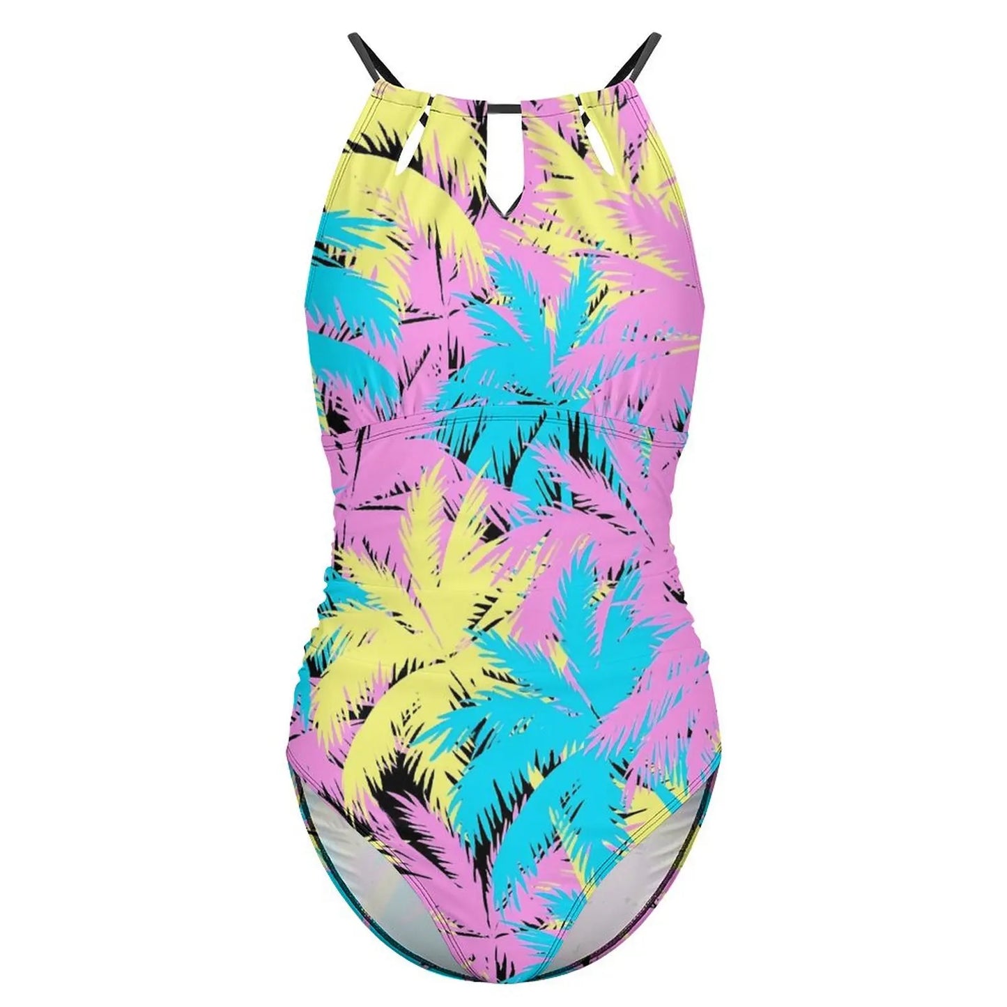 Neon Palm Trees Swimsuit Plant Print Swimwear One Piece Beach Swimsuits Sleeveless Bathing Suits Women Push Up Beach Wear